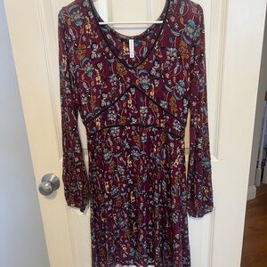 Xhilaration Burgundy Floral Long Sleeve V-Neck Dress